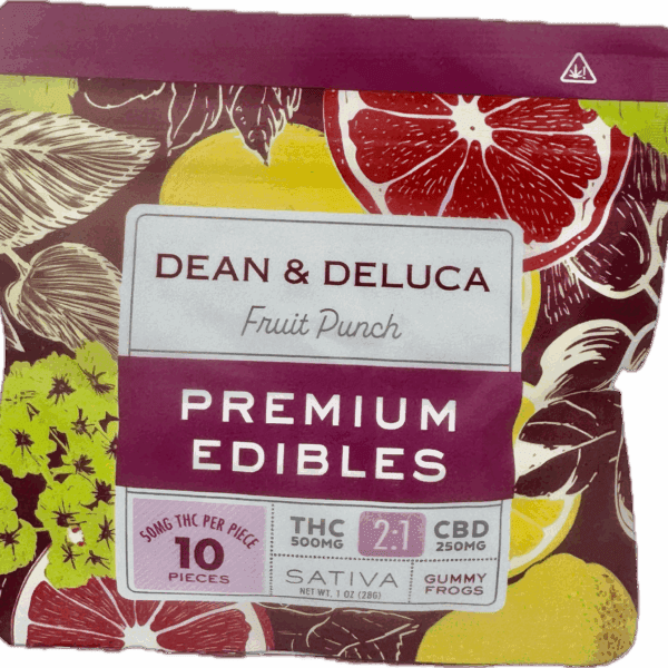 Dean & Deluca Premium Edibles – Fruit Punch Gummy Frogs | 500mg THC + 250mg CBD