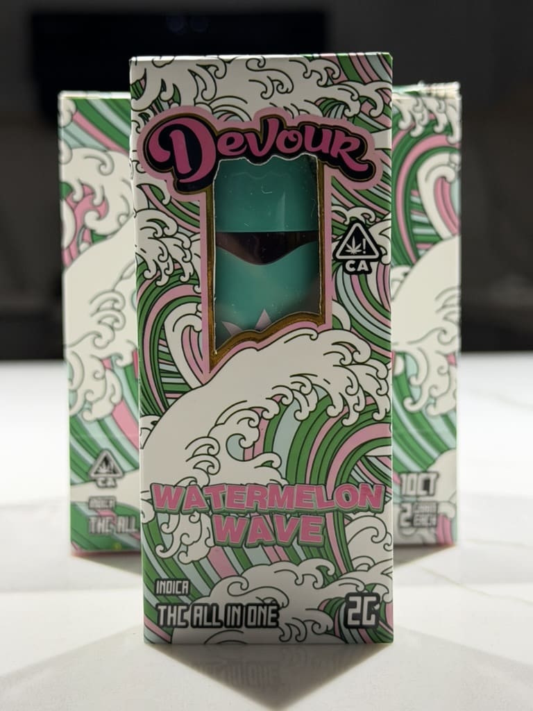 5C1BC137-663B-4A51-9146-2D5B30A1C865_1_105_c.jpeg Devour – Watermelon Wave | THC All-In-One Disposable Vape | Indica | 2g - Image 1