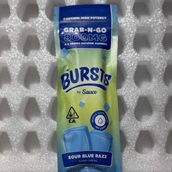 Bursts By Sauce – Sour Blue Razz | Grab N Go 800MG (4x200MG) Infused Gummies | Hybrid