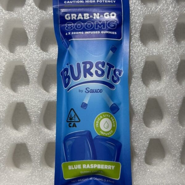Bursts By Sauce – Blue Raspberry | Grab N Go 800MG (4x200MG) Infused Gummies | Hybrid