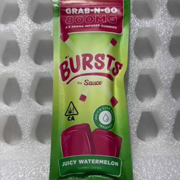 Bursts By Sauce – Juicy Watermelon | Grab N Go 800MG (4x200MG) Infused Gummies | Hybrid